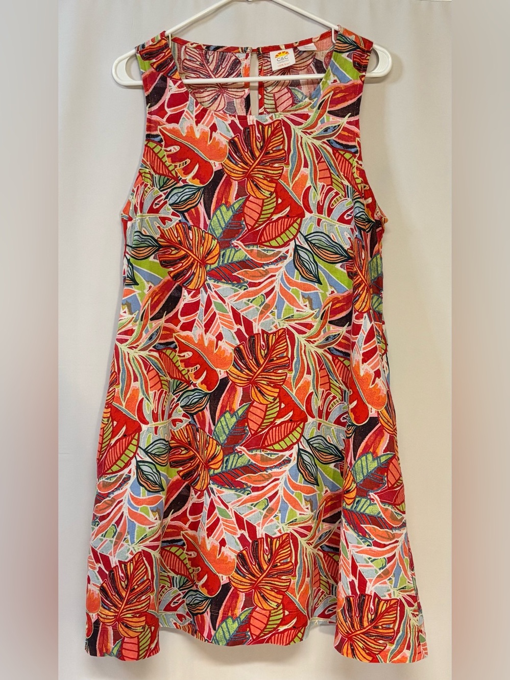 C&C California 100% Linen Tropical Leaf Print Sleeveless Shift Dress Large